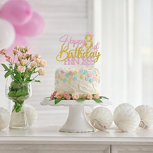 Miniatura 4 de Decoración para pastel de princesa de tercer cumpleaños, suministros para tartas de feliz tercer cumpleaños para niña, decoraciones de fiesta de