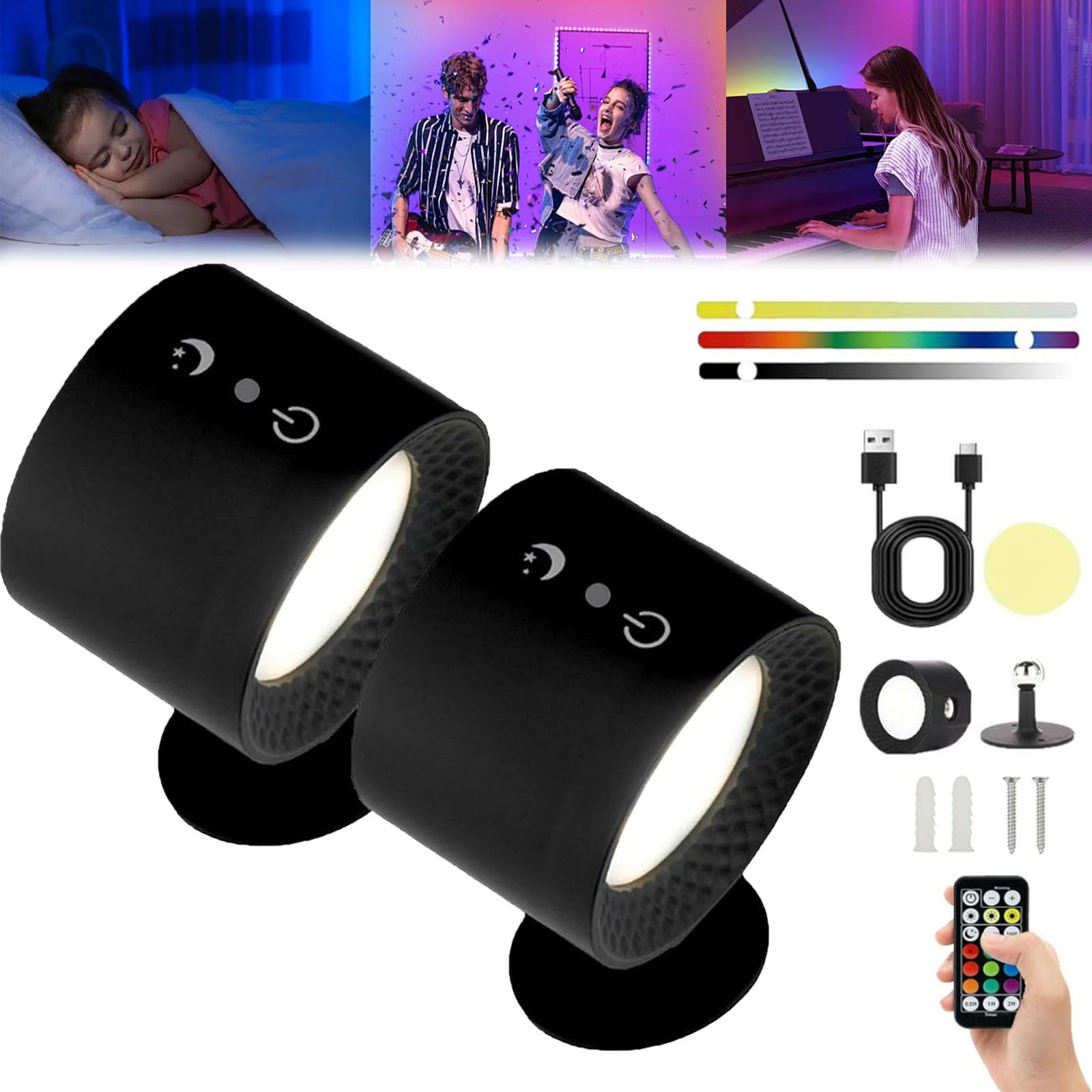 Yagerod The Glow Right, Glow Right Wall Lights, Cordless Glowright Indoor Everywhere Light 2.0, 360° Rotation Cordless Glowright Smart Lights with 7 RGB Colors, for Bedroom, Living Room (Black *2)