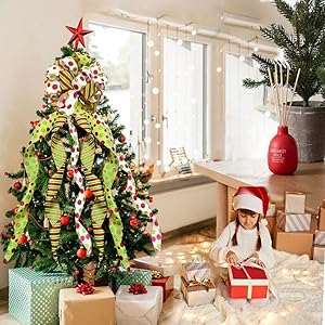 Large Christmas Tree Bow Topper 51 x 13 Inch - Red, Green & White Polka Dot Gift Bow with Sparkling Glitter Streamers for Xmas Trees Party Festival Decor Large Christmas Tree Bow Topper 51 x 13 Inch Red Green White Polka Dot Gift Bow with Sparkling Glitter Streamers for Xmas Trees Party Festival Decor