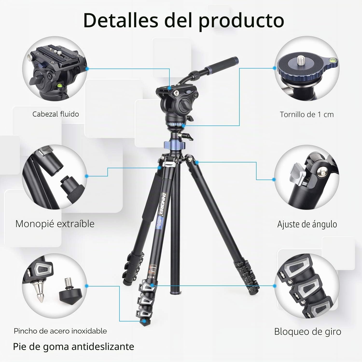 INNOREL MT70 Trípode para cámara de Video Profesional 183 cm, con Cabezal de Arrastre Fluido, trípode de Aluminio Compacto de 4 Secciones Convertible a monopié para cámara DSLR, videocámara