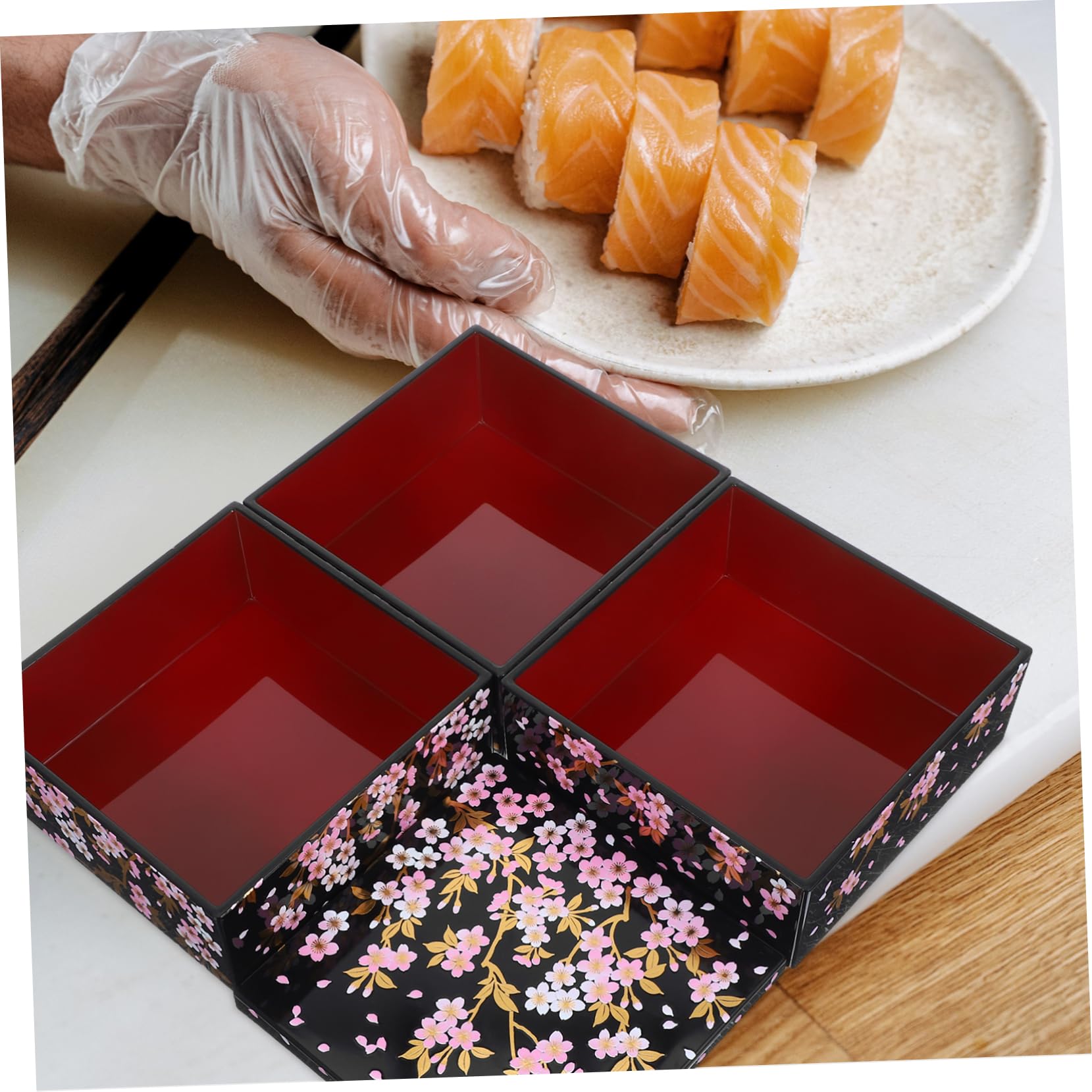 Hemobllo Boîte à Bento Japonaise à 3 Niveaux, Plateau de Service à Sushis en Abs, Motif Fleur de Cerisier, pour Pique-niques et Réunions