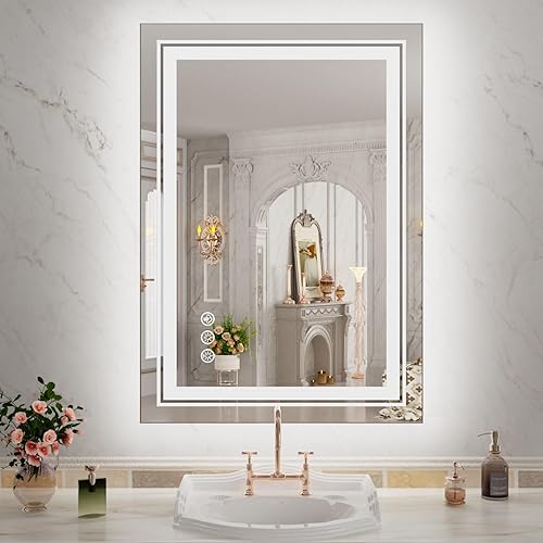 Espejo de baño LED de 20 x 28 pulgadas con retroiluminación RGB y 3 luces frontales, espejo LED regulable continuo para baño, espejo de tocador de