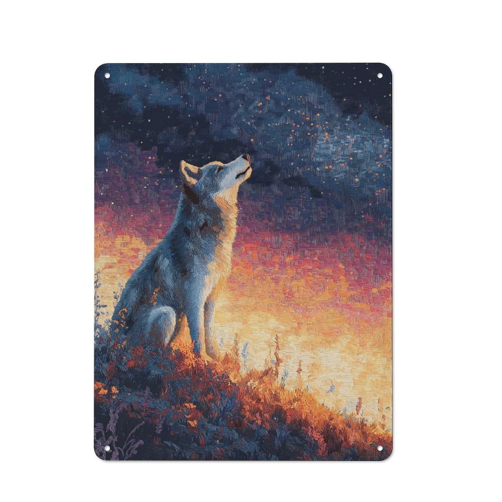 Junmoney Style-14 Metal Wall Art Sign With Wolf Howling At Starry Sky Design 40X30cm, Vintage Vintage Wall Decor For Living Room, Hallway, Kitchen Or Cafe