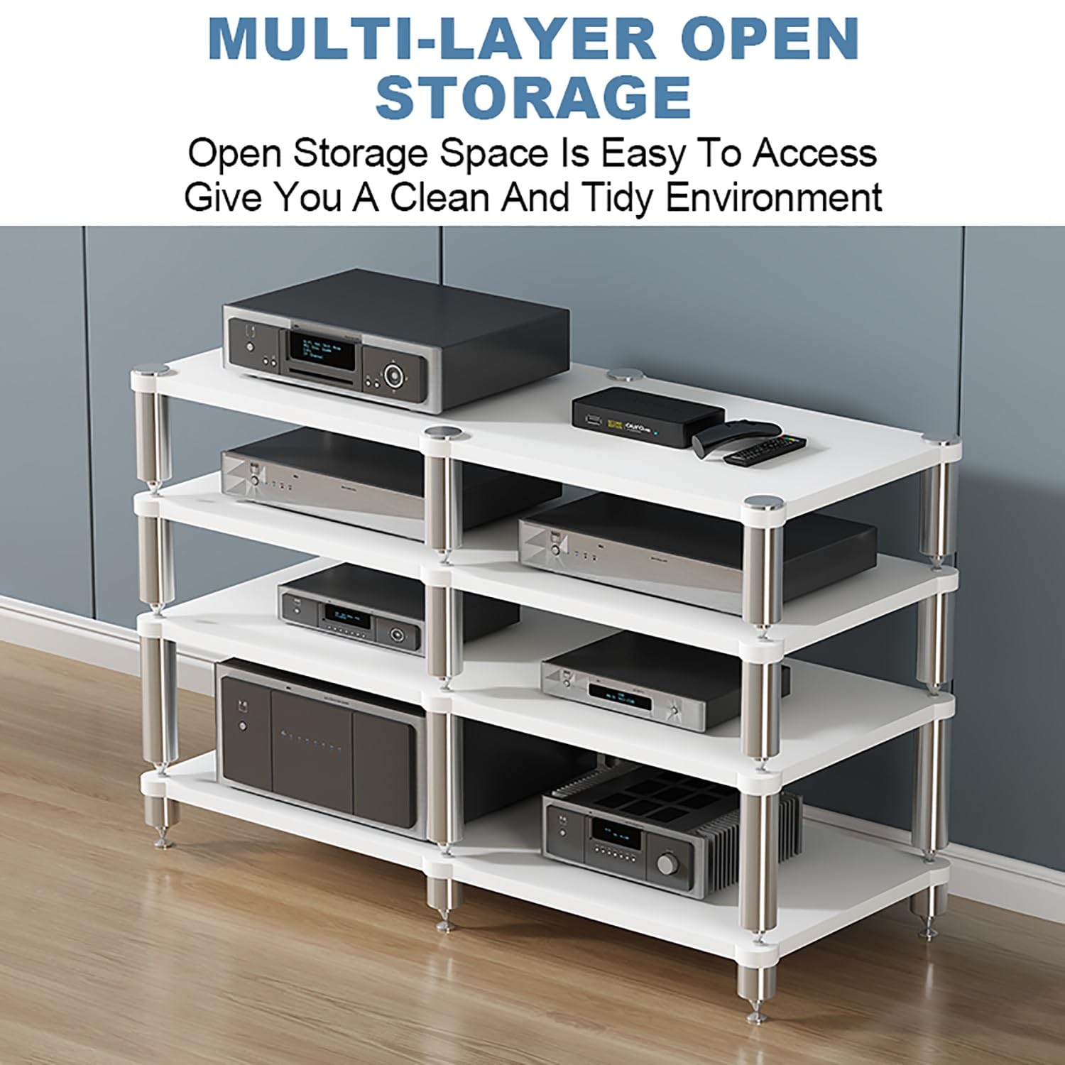 Scaffale portatile da gioco a torre ideale per proiettori, lettori DVD, console di gioco e decoder via cavo, elegante supporto AV bianco (120 x 48 x 84 cm)