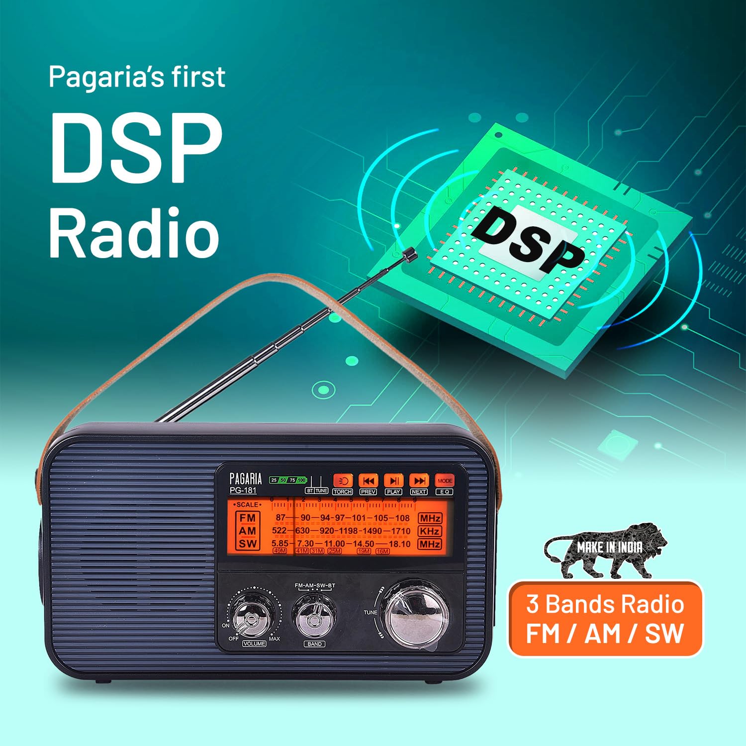 PAGARIA 3 Band FM/AM/SW DSP Portable Radio with 5 Watts, Torch, Bluetooth, USB/TF, Earphone, Aux, Model: PG-181 — Amazon image 2