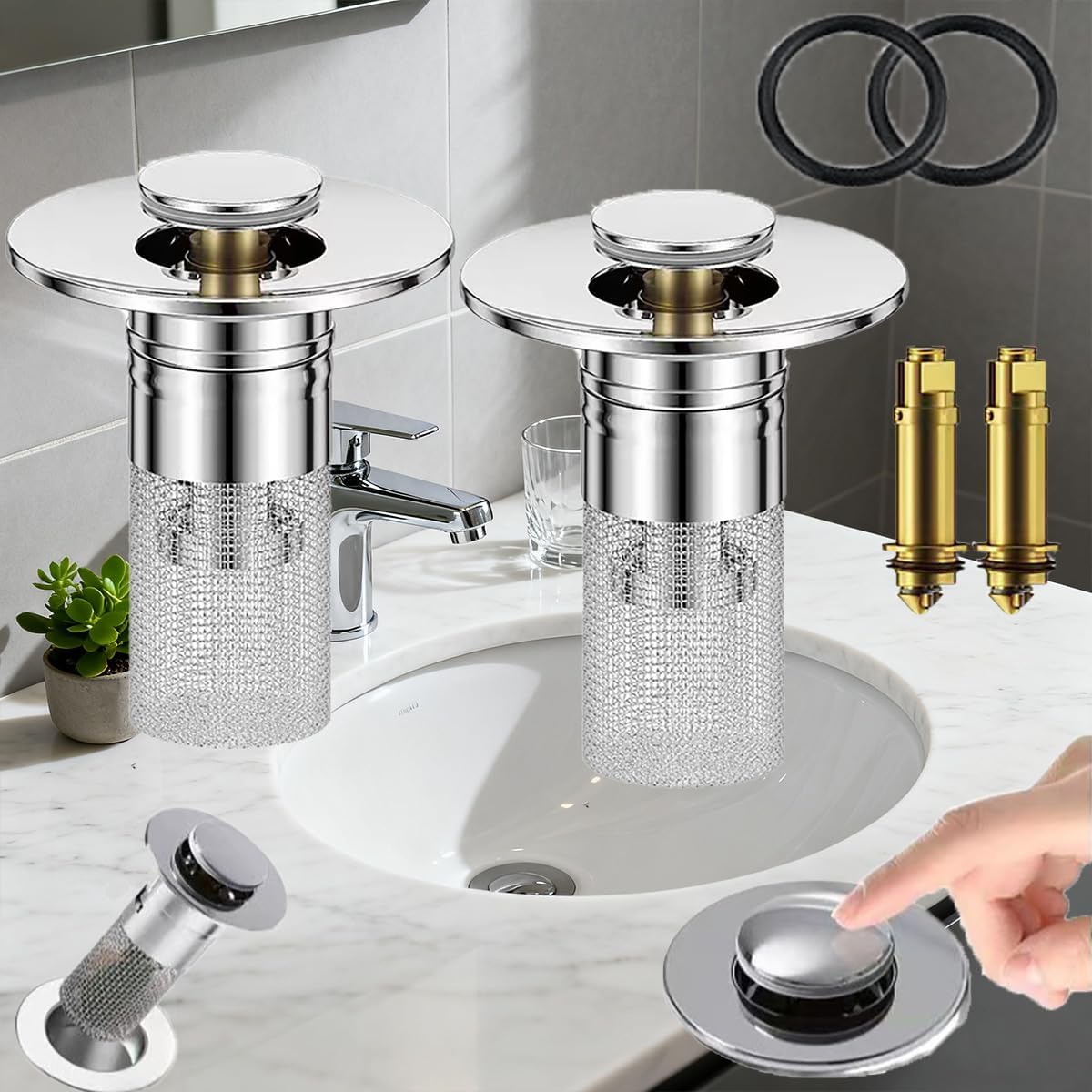 2 Pack Bathroom Sink Stopper, Pop-Up Drain Strainer with Removable Stainless Steel Hair Catcher Basket, Universal Fit for Sinks, Bathtubs, Showers & Floor Drains, Silver