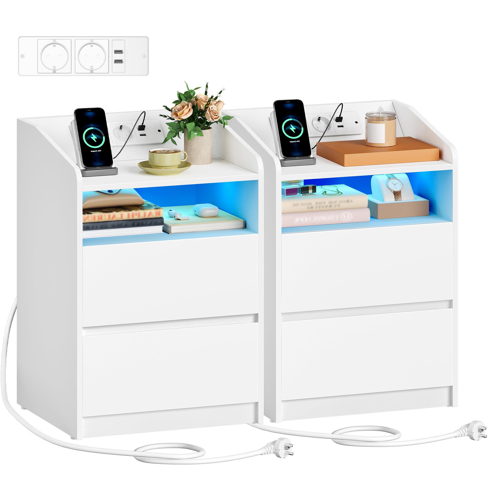 Hzuaneri Comodino Set di 2, 2 Cassetti, Luce LED, Presa Elettrica, Bianco | 1 Vano Aperto, Comodini Camera da Letto, 2 Prese AC, 2 Porte USB, 35 x 40 x 58 cm, NS60103XEU