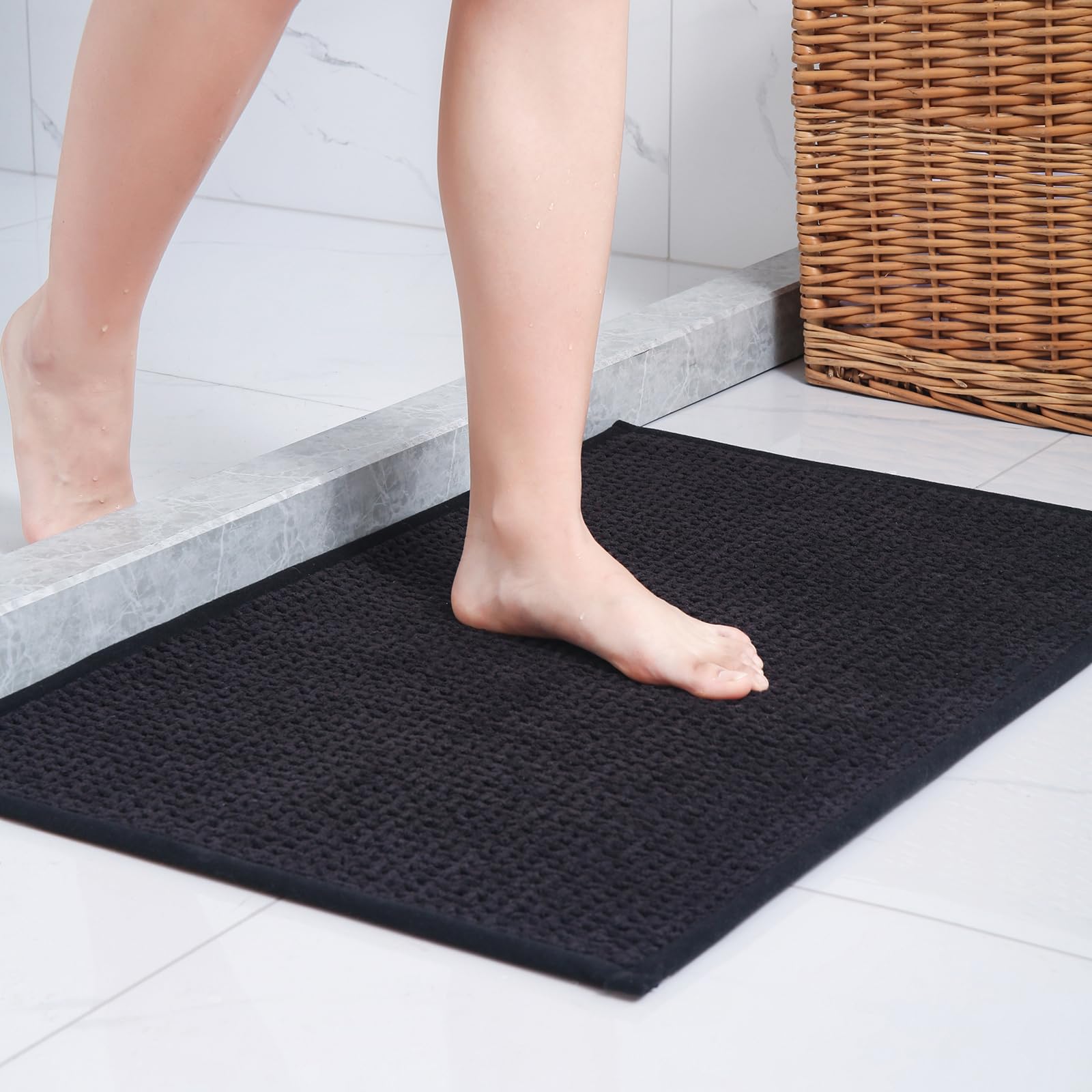 Washable Bathroom Rugs: 24x16 Black Bath Mat – Non Slip Chenille Bathmat for Bathroom Floor & Shower