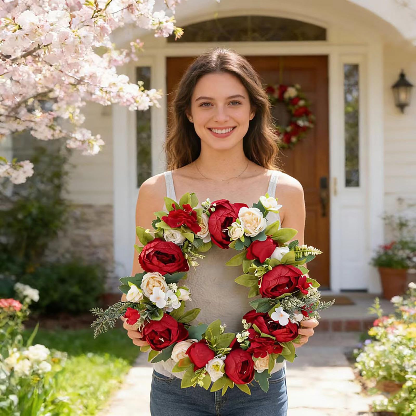 Künstlicher Dekokranz,40cm Rot Pfingstrosen Türkranz mit Blumen und Blätter,Türkranz für alle Jahreszeiten, für Zuhause, Haustür, Wände, Fenster, Festivals und Hochzeiten Deko
