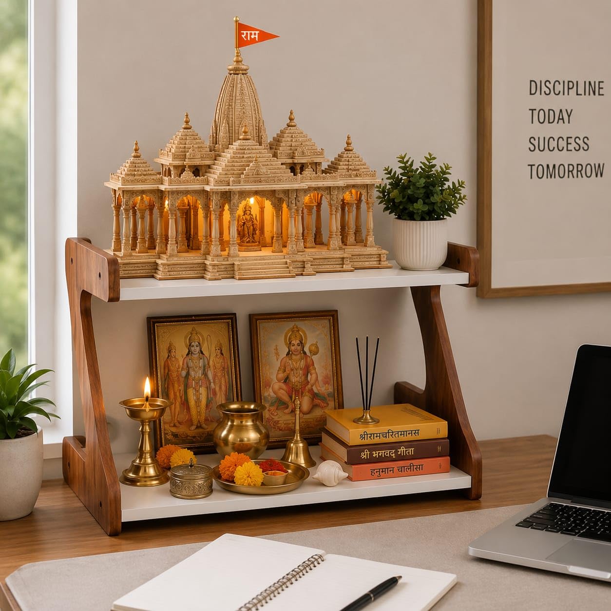 Wooden 2-Tier Pooja Shelf Stand – Wall Mounted Mandir Table Shelf with White Top & Wood Brackets for Home Temple, Study Table, Living Room Decor-image-1
