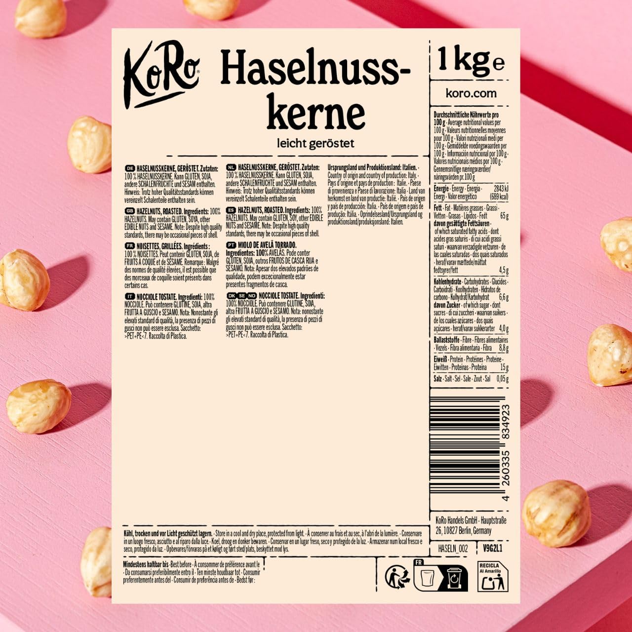 KoRo - Noisettes torréfiées 1 kg - Noisettes émondées et sans additifs ni conservateurs, parfaites pour la cuisine ou comme snack