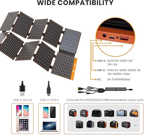 Miniatura 2 de FlexSolar Panel solar portátil de 100 W - 24% de alta eficiencia, IP67 impermeable, salida QC3.0 USB-AUSB-CCC para pequeñas centrales eléctricas,