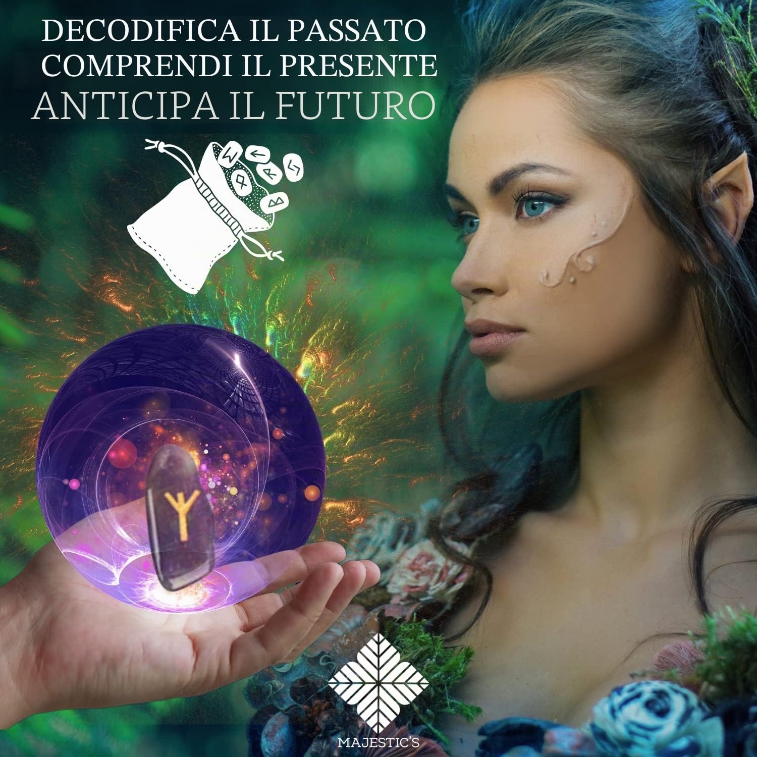 Rune Celtiche Vichinghe Ametista, Set x25 Pietre Lucide Semi Preziose Incise (2 cm x 1 cm) + Sacchetto Nero + Libro Pratico (PDF) - Alfabeto runico Futhark per divinazione e cartomanzia, Oracolo