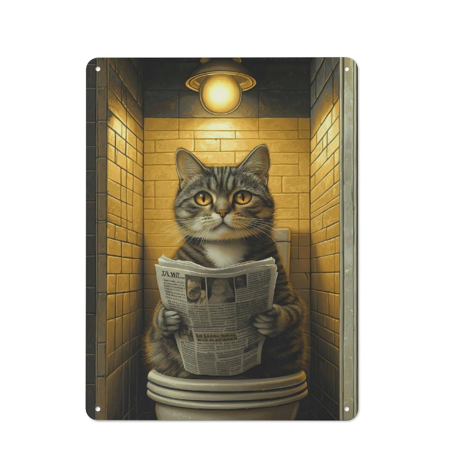 Junmoney Cat Reading Newspaper On Toilet Vintage Metal Sign 40X30cm, Nostalgic Pub Wall Decor For Pub, Home Bar, Shed Or Man Cave