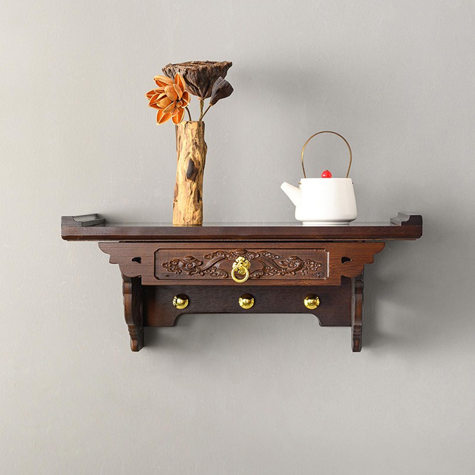 Holz Buddha Regal Statue Stand, wandmontierte Hangetisch Pooja Stand, Buddha Altar Regal Holzmöbel, chinesische Fengshui -Statue -Display -Regal