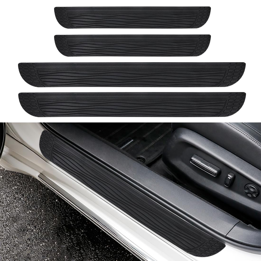 4 Pcs Car Door Sill Scuff Plate Cover,Upgraded Cuttable Car Door Threshold Protection,PVC Soft Rubber Car Front/Rear Door Sill Scuff Plate Guard,Welcome Pedal Protector Cover