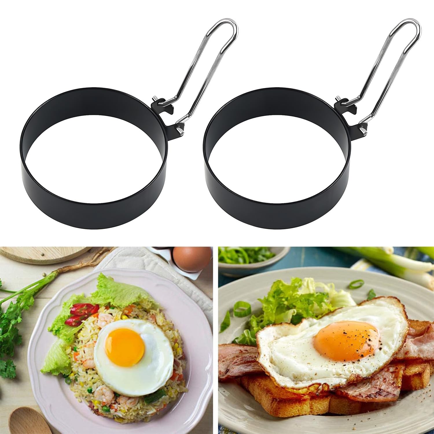 Ceeyoll Moule à Œufs Rond Antiadhésif - 2 Pièces Inox Avec Manche Pliable Et Pinceau, Pour Œufs Au Plat, Pancakes