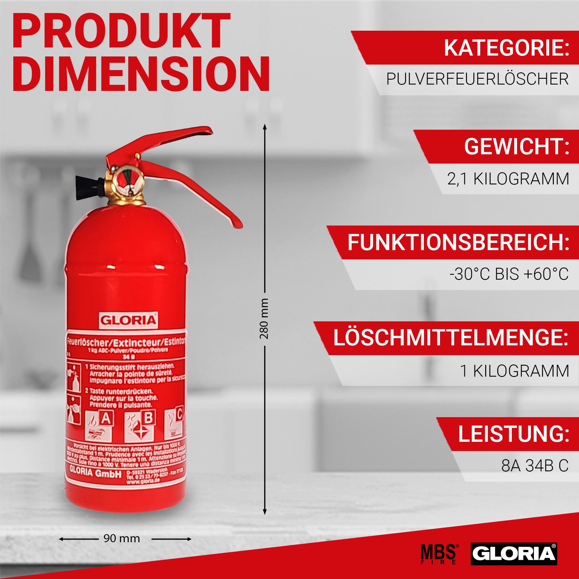 GLORIA - 1kg Pulver-Autofeuerlöscher - PDE 1 GA - mit Manometer - mit Kfz-Halterung - für die Brandklassen A,B,C - inkl. Prüfnachweis