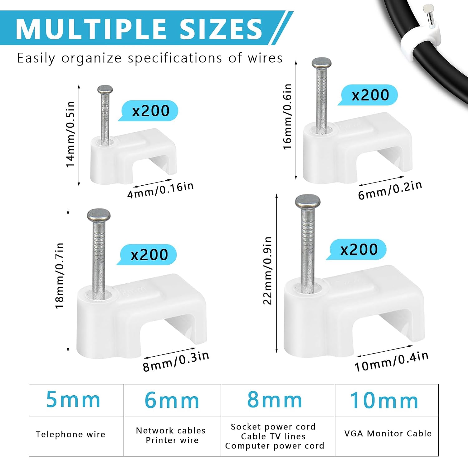 800 Pcs Cable Clips with Nails, Nail-in Cable Clips and Cord Management Assortment Kit (4/6/8/10mm) for Ethernet Coaxial TV Wires, White