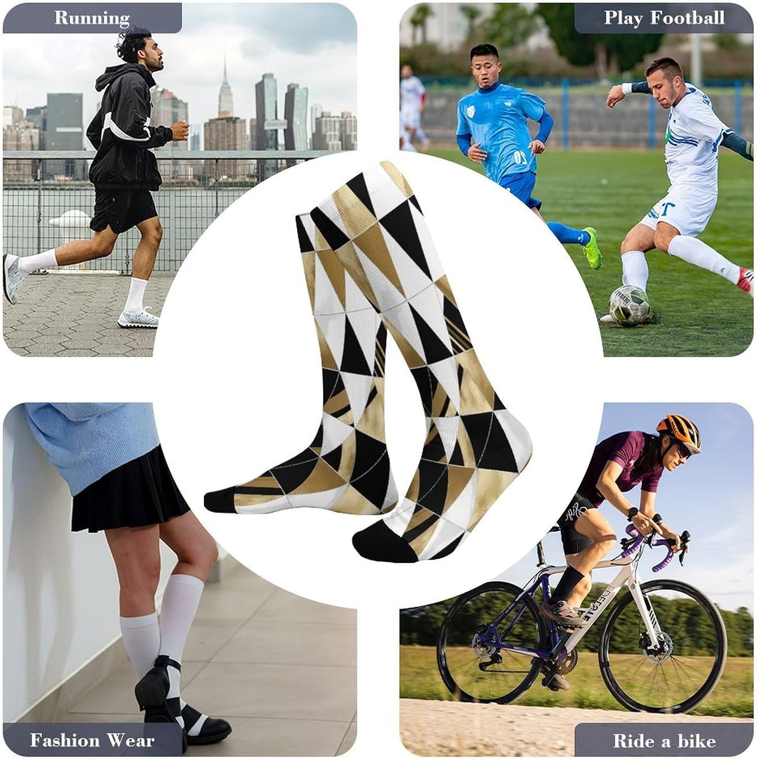 Fashion Modern Black White Gold Triangles Compression Socks for Man Women Breathable Knee High Tube Socks Baseball Football Sock Over The Calf Sock Circulation Support for Running Travel Athletic Dail