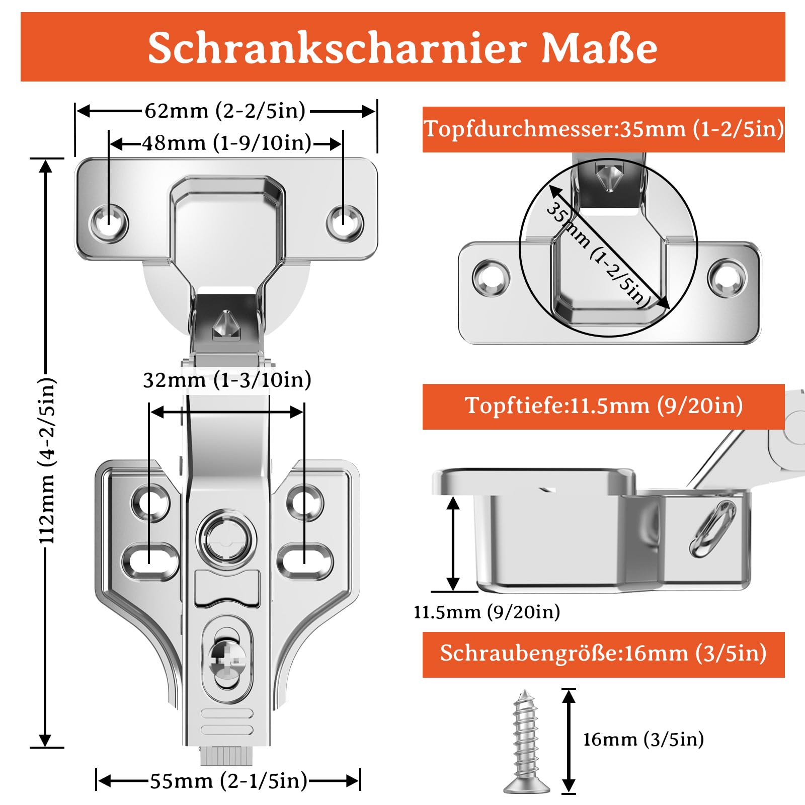 Furniware 50 Stück Eckanschlag Scharniere für Schranktüren, 48mm Küchenschrank Softclose, Topfbänder 35mm Topfscharnier, 105 Grad Schrankscharnier, Kleiderschrank Scharnier, Möbelscharnier mit Dämpfer