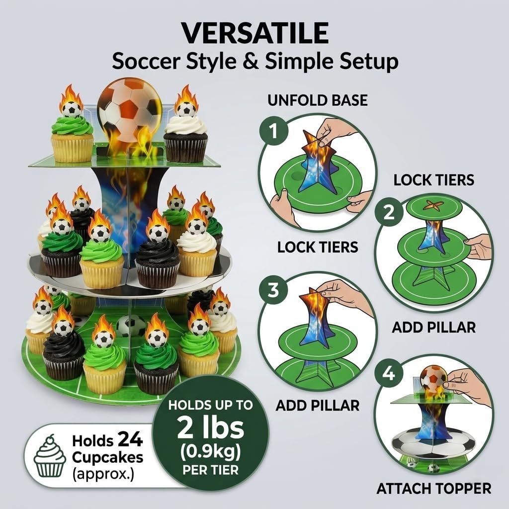 Soccer Birthday Decor - 3 Tier Football Stand with Field Design, Soccer Cupcake Stand for Teen Boys Sports Theme Party Supplies image 3