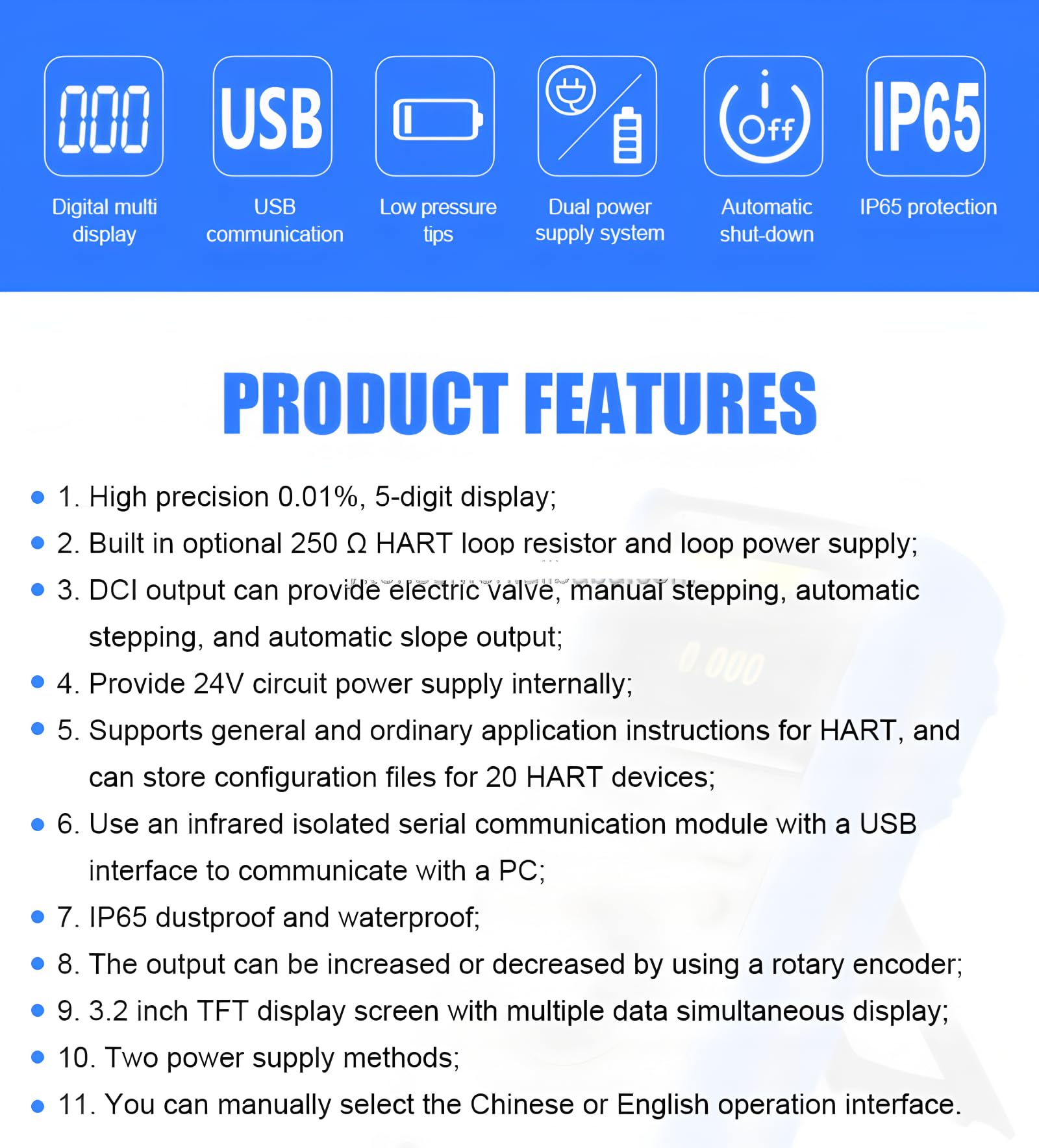 Multi-Funktions-Kalibration 709H Max Voltage 30V Power consumption About 360mA/5V Lagerung Humidity 90% RH Schleife Kalibrator(RUOSHUI 709H)