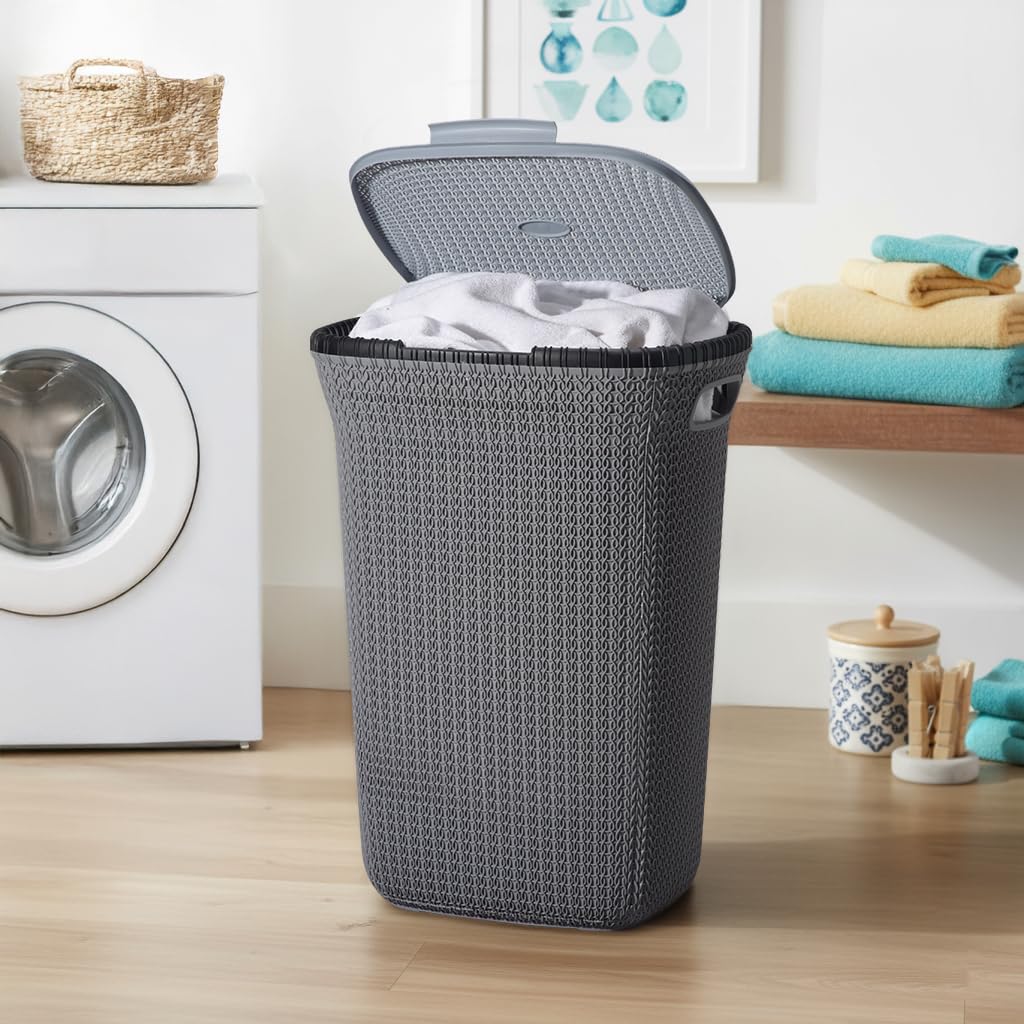 Kuber Industries 55 Ltr Plastic Big Laundry Basket for Clothes with Lid & Carry Handles | Lightweight & Ventilated Design Cloth Basket - Ideal for Home Organization and Storage | Light Grey-picture-38