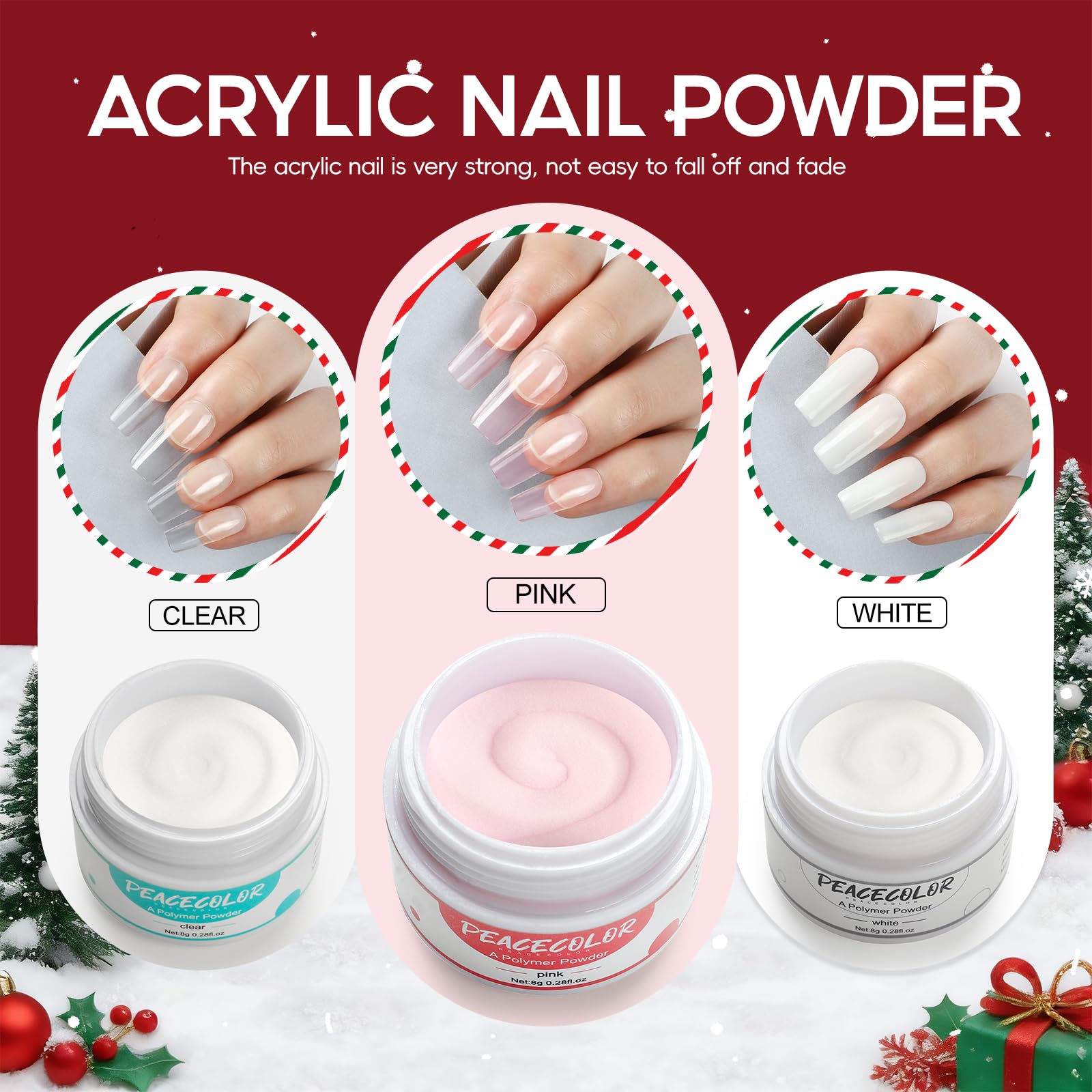 PEACECOLOR Kit Ongle Acrylique Complet Pour Ongles Faux, 3pcs Acrylique Poudre Blanc Rose Transparent avec Liquide kit pour Ongle Construction
