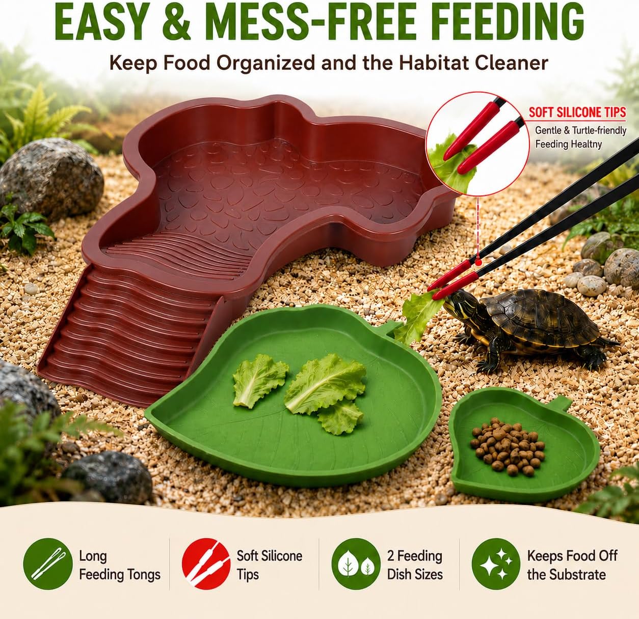 Large Reptile Water Dish with Ramp, 5-Piece Tortoise Water Dish and Turtle Bathing Pool Set, 2 Leaf Food Bowls, Feeding Tongs & Cleaning Brush for Box Turtle, Lizard and Gecko