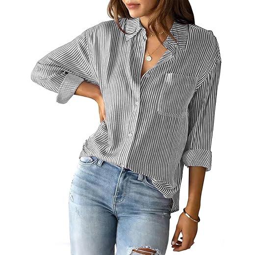 Blusa feminina listrada de botão clássica casual manga longa solta para trabalho de escritório com bolso