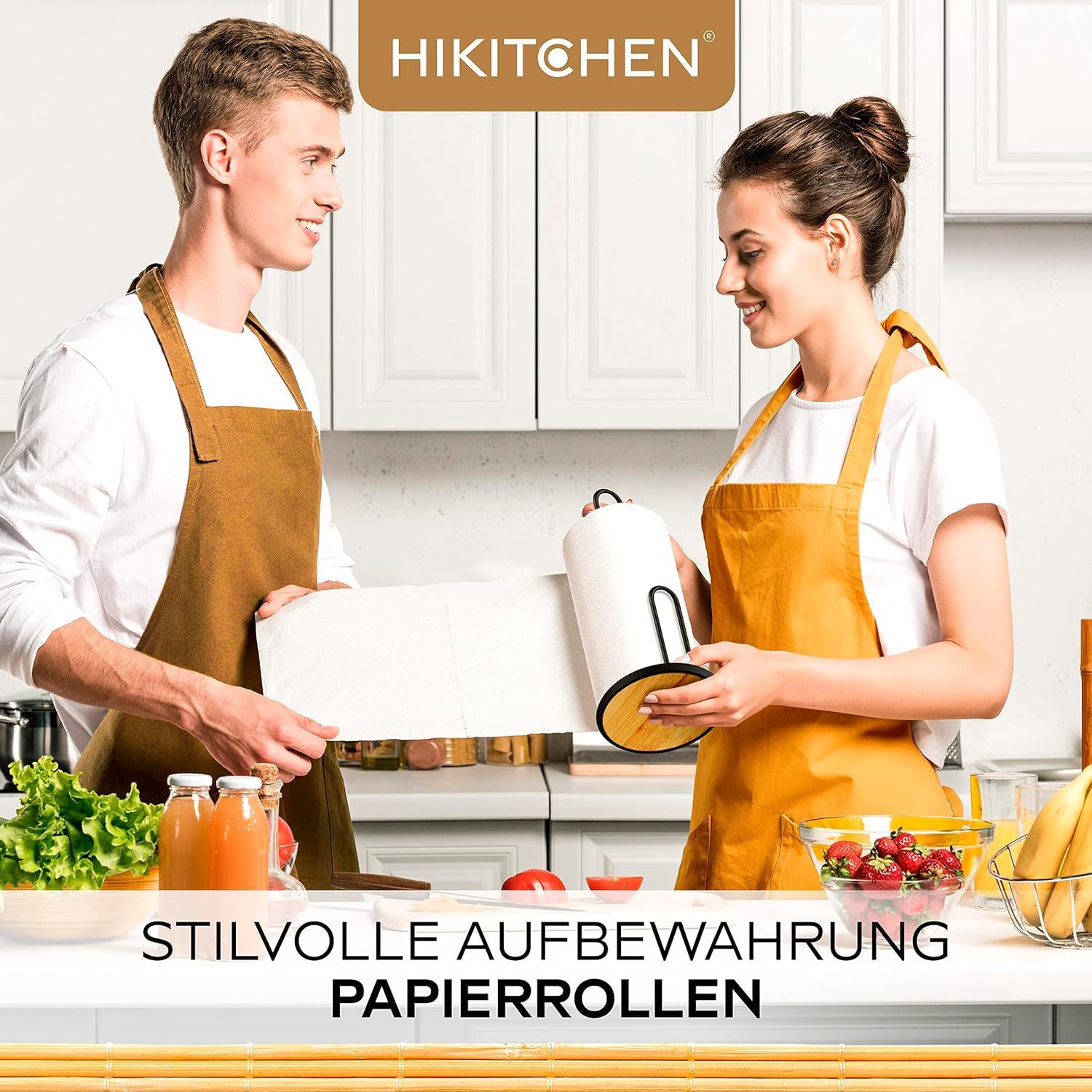 HIKITCHEN® Stojak na ręczniki papierowe kuchenne ze stali z bambusowym dnem – uchwyt na rolki papieru kuchennego (czarny)