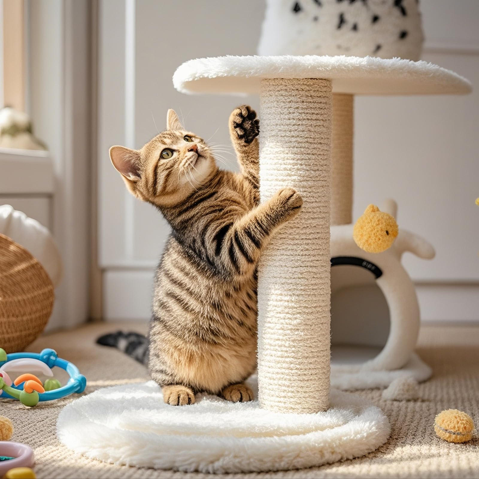 Powerking Poteau de grattoir pour Chat, avec Brosse de Massage Auto-toiletteuse, Champignon 18,9" en Corde de sisal, Griffe à gratter, Jouet interactif pour Chats d'intérieur