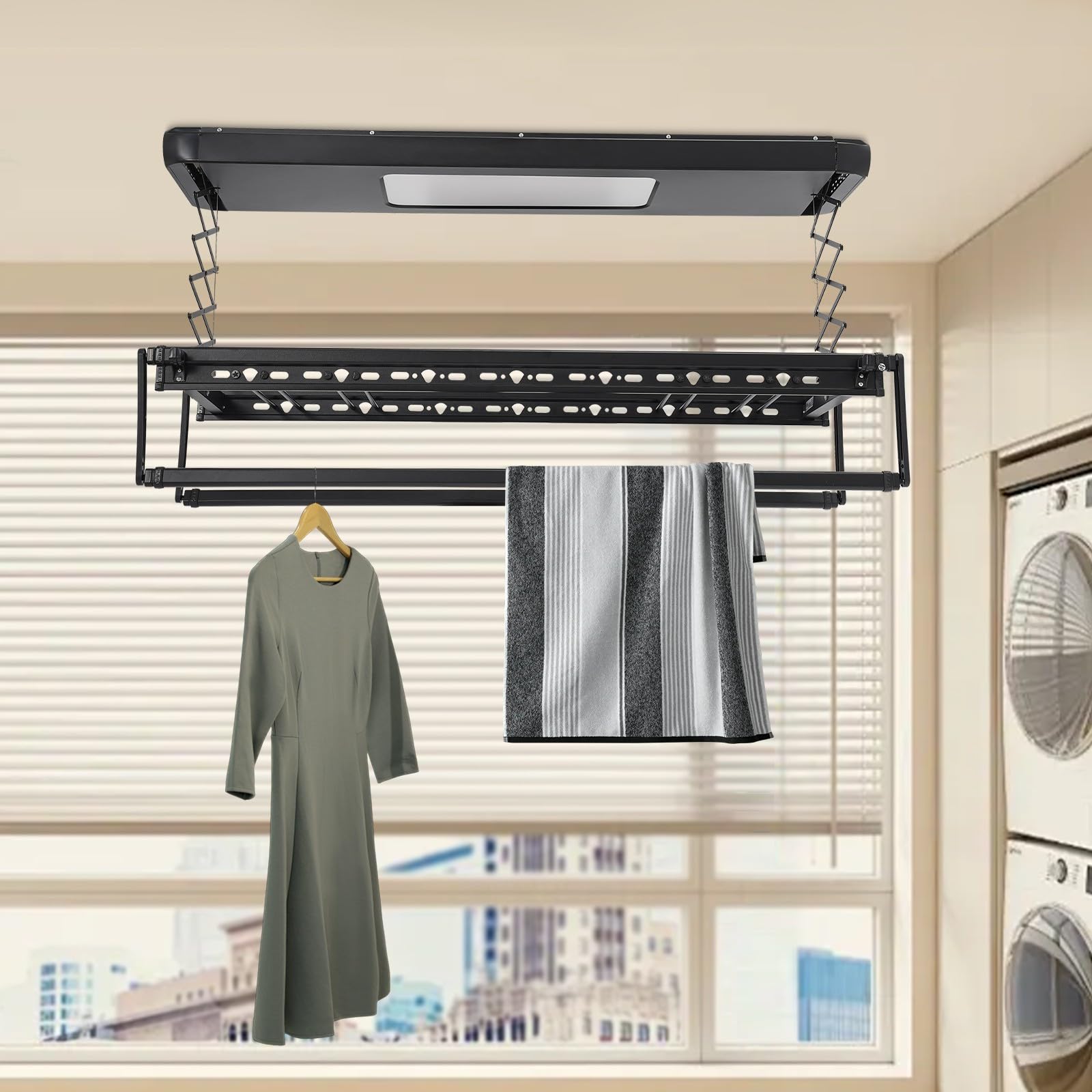 Elektrischer Wäscheständer Deckenlift Wäschetrockner, 130-215 cm ausziehbare Kleiderstange, Deckenmontage Trockner mit Fernbedienung, LED Lüftungsgitter, Smarte Wäscheleine