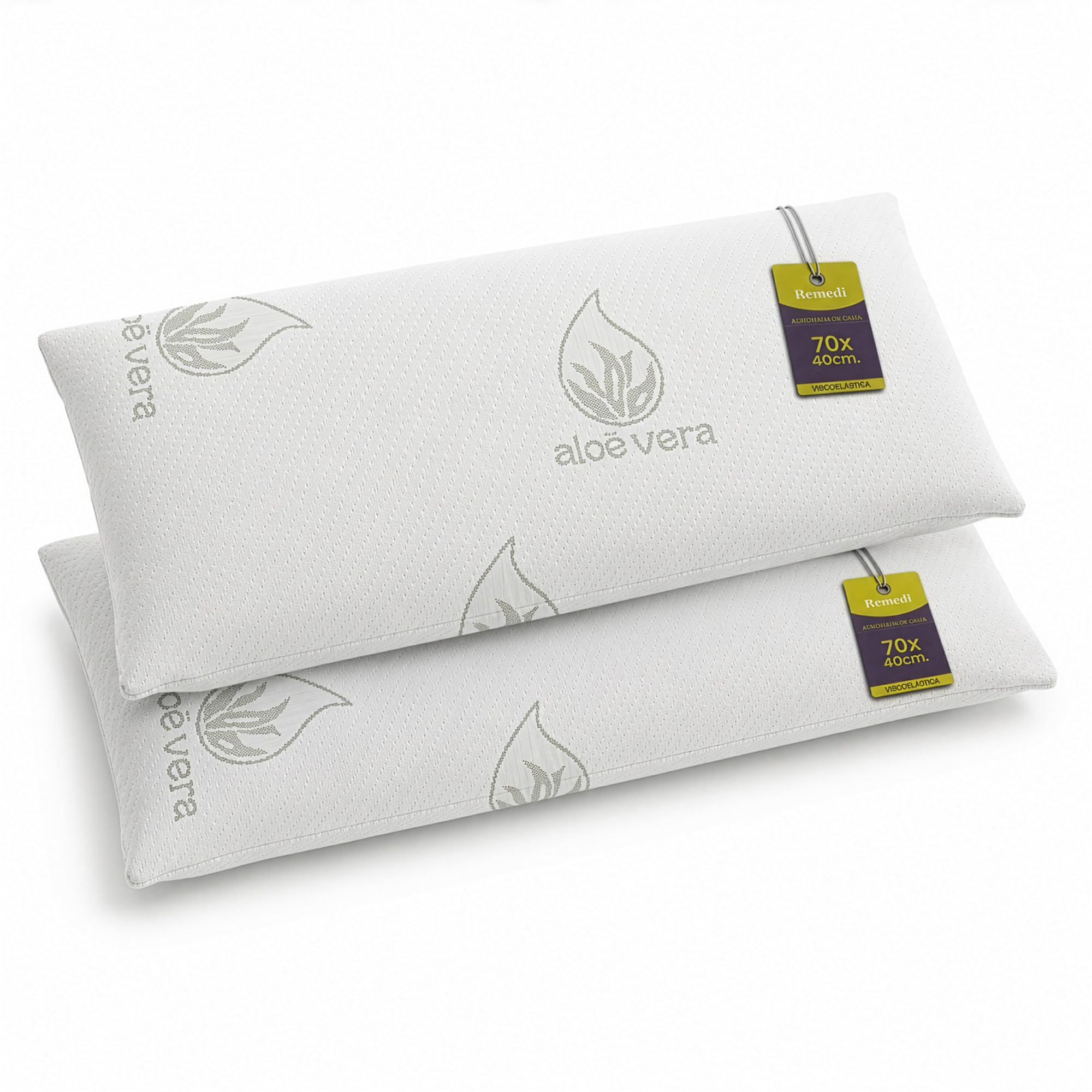 Remedi Oreiller viscoélastique 70 x 40 cm (pack de 2 unités) noyau compact, oreiller aloe vera, fermeté moyenne, anti-acariens, oreiller ergonomique, mousse à mémoire de forme, housse lavable à 40