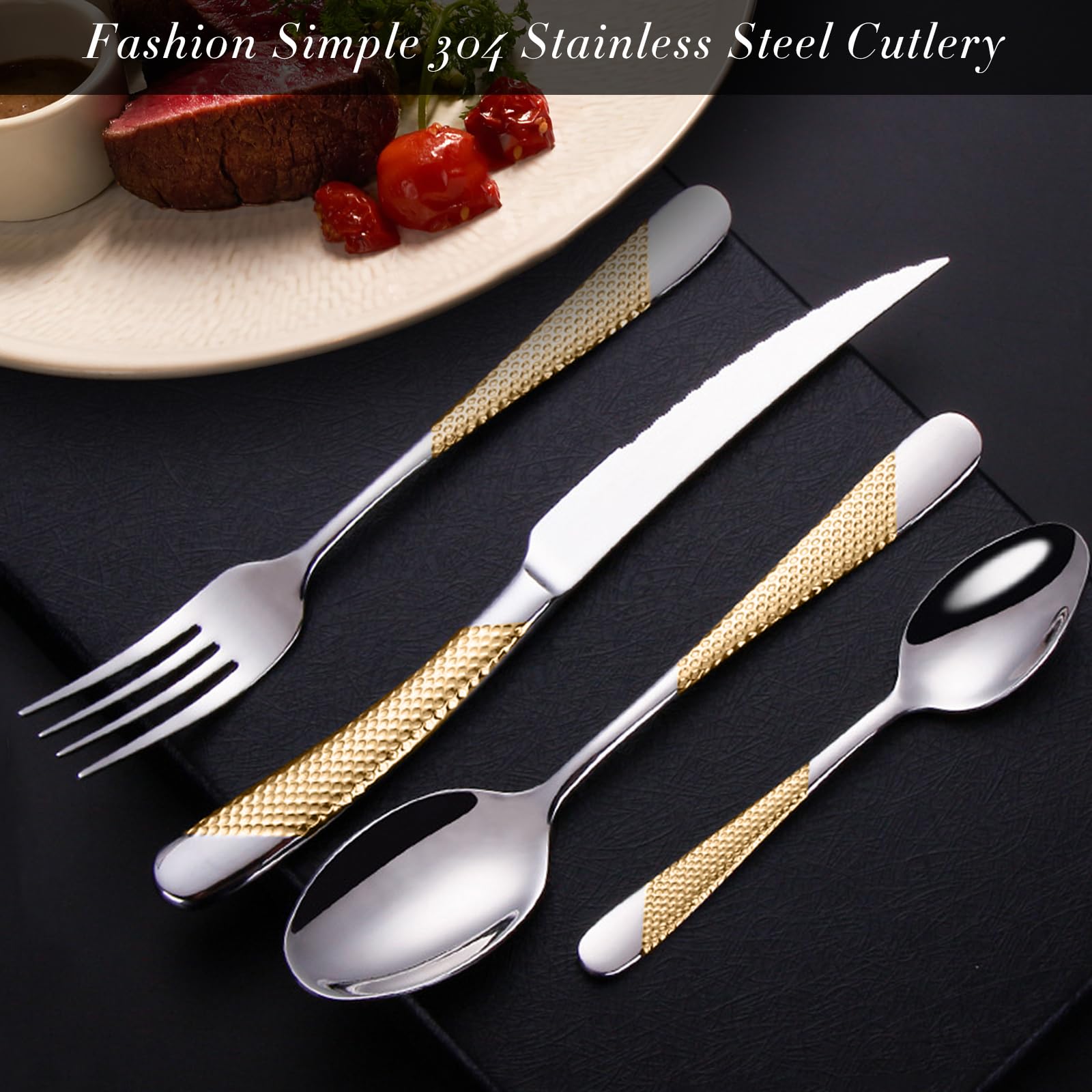 Besteck Set 24 Teilig Für 6 Personen, Hochglanzpoliertes Besteckset Aus Edelstahl 18/10, Inklusive Messer, Gabel, Löffel Essgeschirr Für Zuhause, Hotel, Restaurant, Neues Haus (Gold,24pcs)