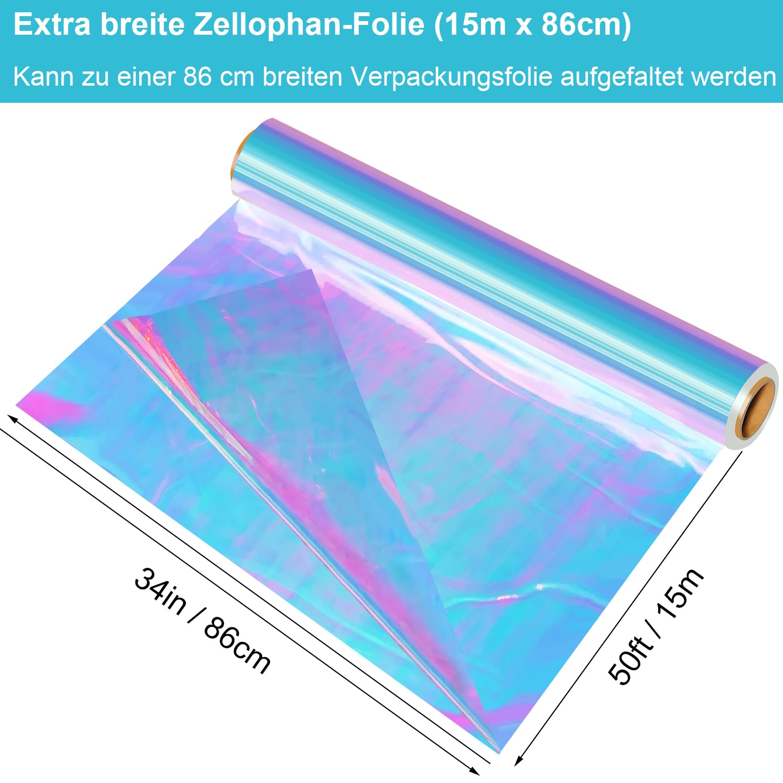 86CM x 15M Cellophanfolie Rolle, Irisierende Cellophan Transparent Geschenkfolie Regenbogen Zellophan Schillernd Verpackungsfolie Rolle Für Hochzeit, Blume, Geschenk Baskt, Leckereien, Weihnachten