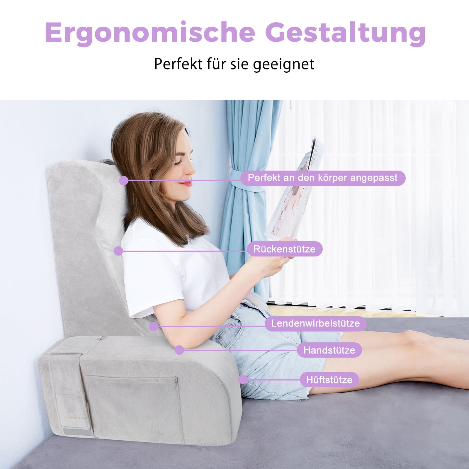 Babenest Lesekissen mit Abnehmbare Armlehnen, Komfortabel und Leicht Rückenkissen für Bett und Sofa, Sitzkissen Rückenlehne mit Waschbarer Samt zum Lesen, Gaming oder Fernsehen (L Band Modell)