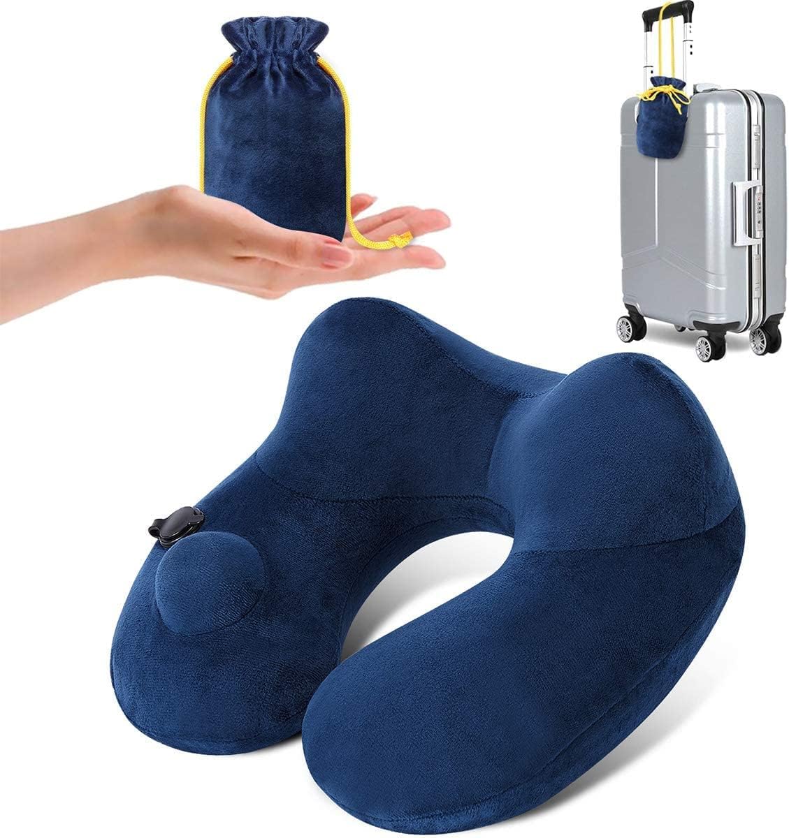 Inflatable Neck Travel Pillow for Airplane Long Flight Hault Trip Support Soft Velvet Washable Cover(Blue)