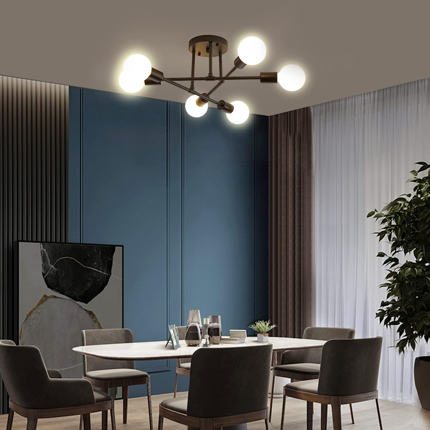 Surpars House Sputnik Chandelier, 6-Light Mid-Century Ceiling Light for Living Room, Bedroom, Dining Room,Black [Energy Class A+]