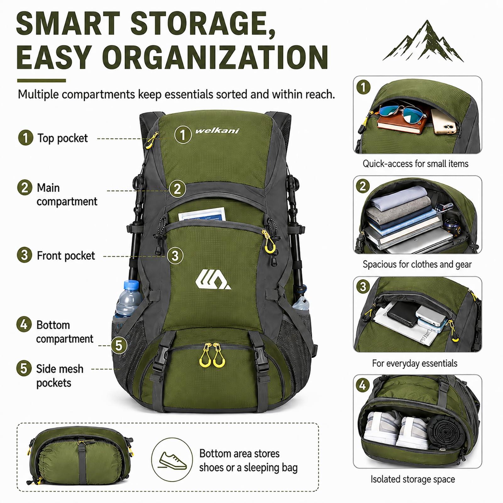 50L Hiking Backpack with Rain Cover Waterproof Lightweight Camping Daypack Walking Rucksack Outdoor Sports Trekking Climbing Skiing Travel Bag