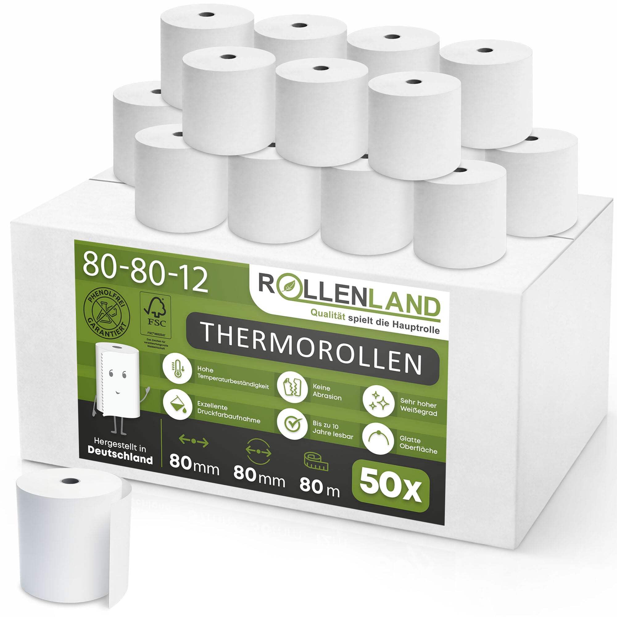 ROLLENLAND 50 Thermorollen 80x80x12 [80 m Lauflänge & BPA frei] Kassenrollen, Bonrollen, Thermopapier Rollen ohne Aufdruck, 48 g/qm, für Kasse und Bondrucker
