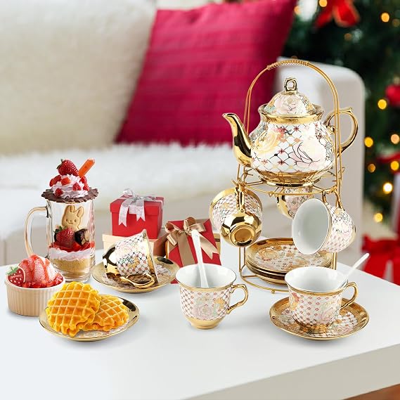 20Pcs Porcelain Tea Set for Adults, European Ceramic Tea Set Flower Ceramic Tea Cups (5.4oz), Teapot (23oz), Saucers with Metal Holder for Women Tea Party (Gold)