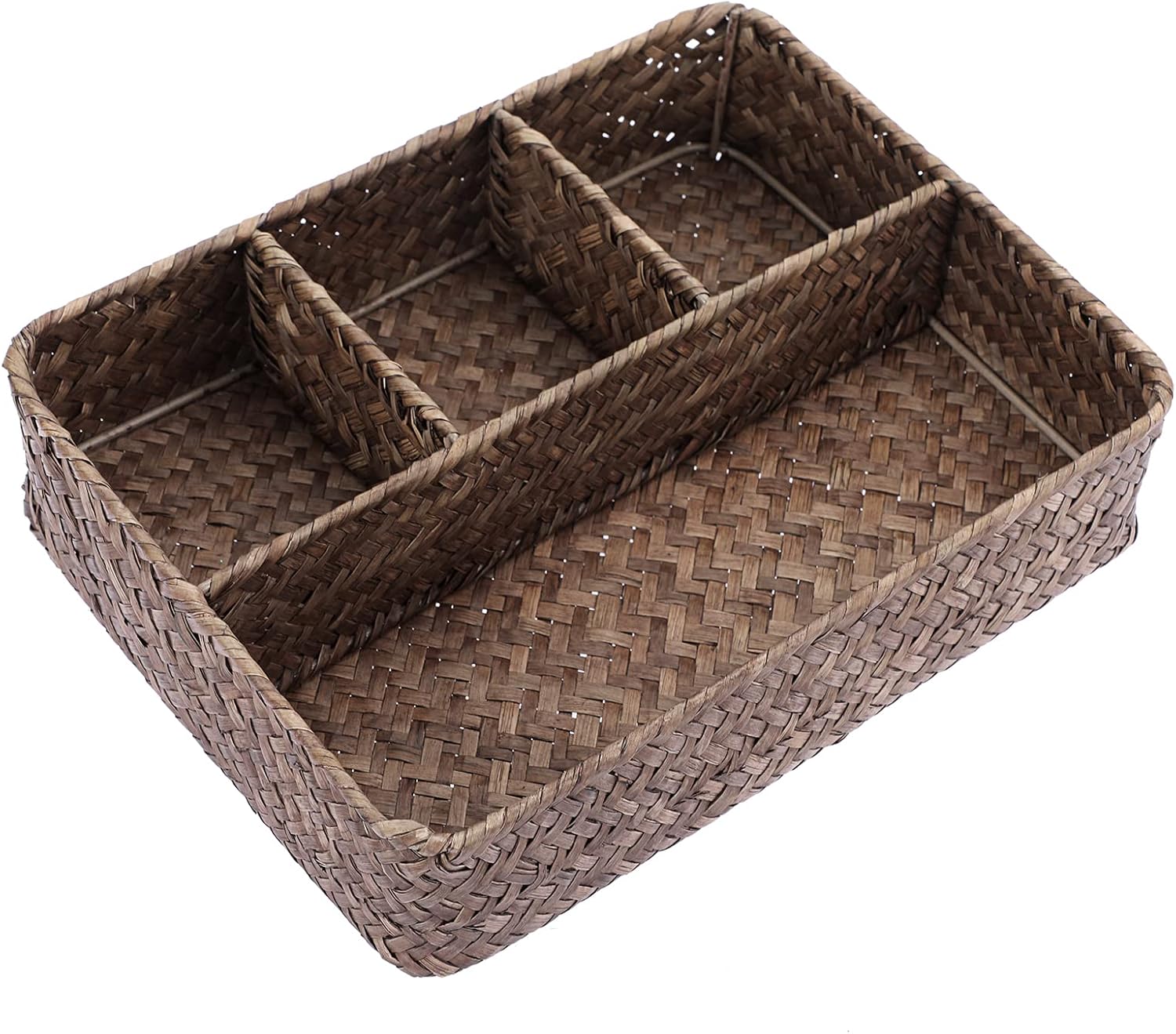 Hipiwe Wicker Basket Bin 4-Section Handwoven Tea Bag Basket Organizer Seagrass Fruit Snacks Basket Serving Tray Coffee Pod Sugar Packet Holder Divided Coffee Bar Bin