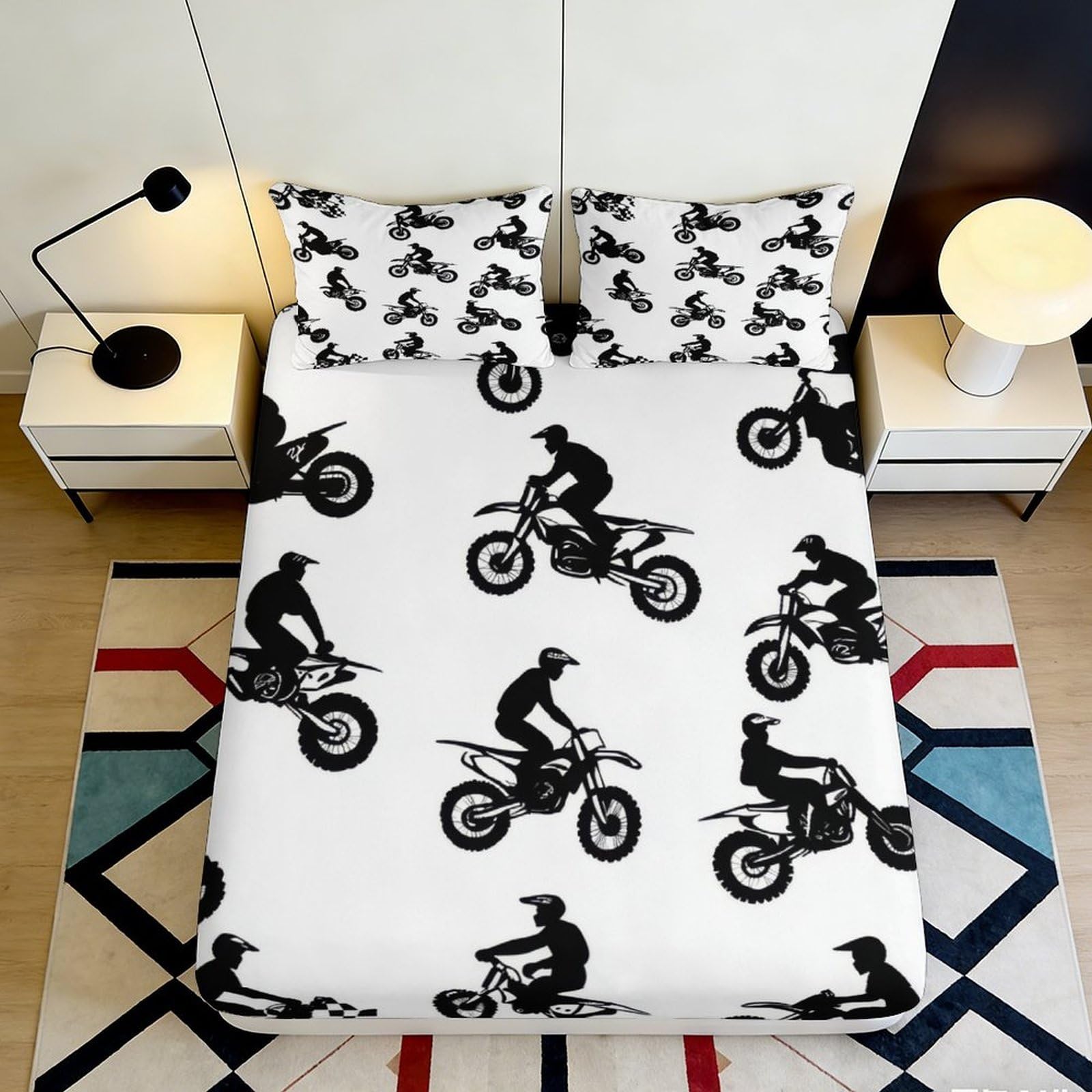 Jqzkxnhpbr Style-3 3D Printed Motocross Motorcycle Fitted Sheet Microfiber Soft Black White Racing Bed Cover For Bedroom Dorm Mattress Protection 90X200x25cm