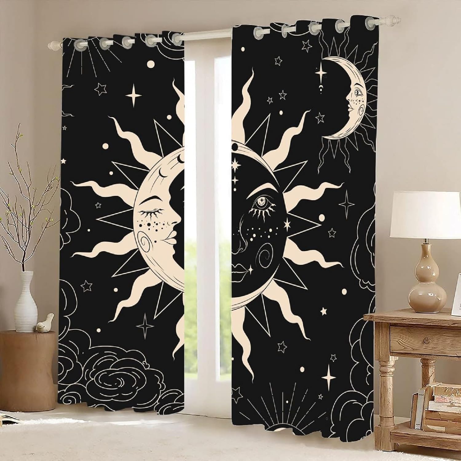 kxry Sun and Moon Blackout Curtains for Bedroom Living Room Black and Khaki Boho Celestial Darkening Grommet Curtain 84 Inches Long Window Drapes Treatment Room Decor,2 Panels Set, 42''W x 84''L