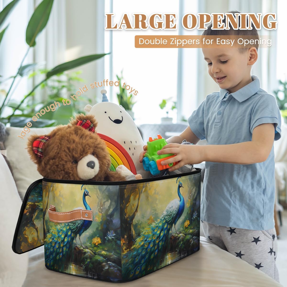 Storage Bin Set of 2 Forest Peacock Storage Basket with Zipper Lid & Handle Foldable Closet Shelf 2 Pack Cloth Organizer Basket Cube Bins Clothes Organizer for Bedroom, Nursery