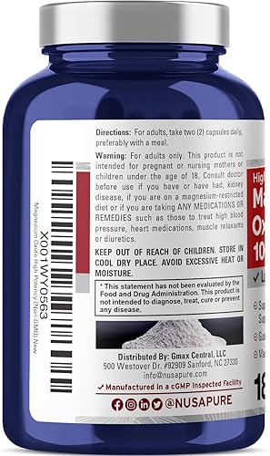 Miniatura 3 de NusaPure Óxido de magnesio 1,000 mg por porción 180 cápsulas vegetales (sin OMG, vegano)