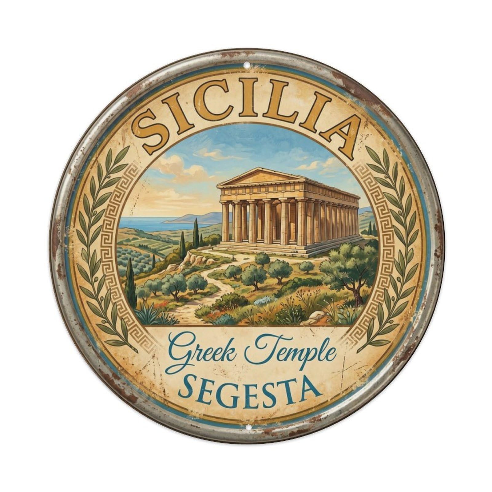 Vintage Travel Segesta Greek Temple Metal Tin Sign Plaque Wall Decor for Cafe, Club Bar, Office, Home Garden Round Metal Poster 8x8Inch