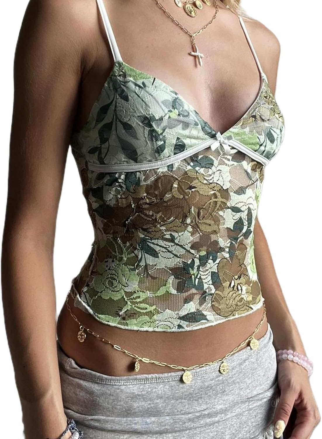 Women Y2k Spaghetti Strap Lace Tank Casual Going Out Slim Fit Camisole Floral Sheer Mesh Cami Top Streetwear - Image 2